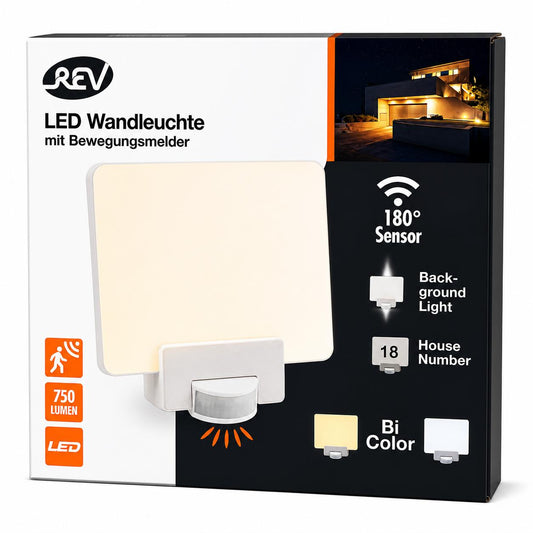 REV Ritter MCSensor LED Wandleuchte | Hausnummernleuchte | Aussenleuchte | Bi Color | LED Hintergrundbeleuchtung | Bewegungsmelder | 10W 750 Lumen [Energieklasse A++] | weiß