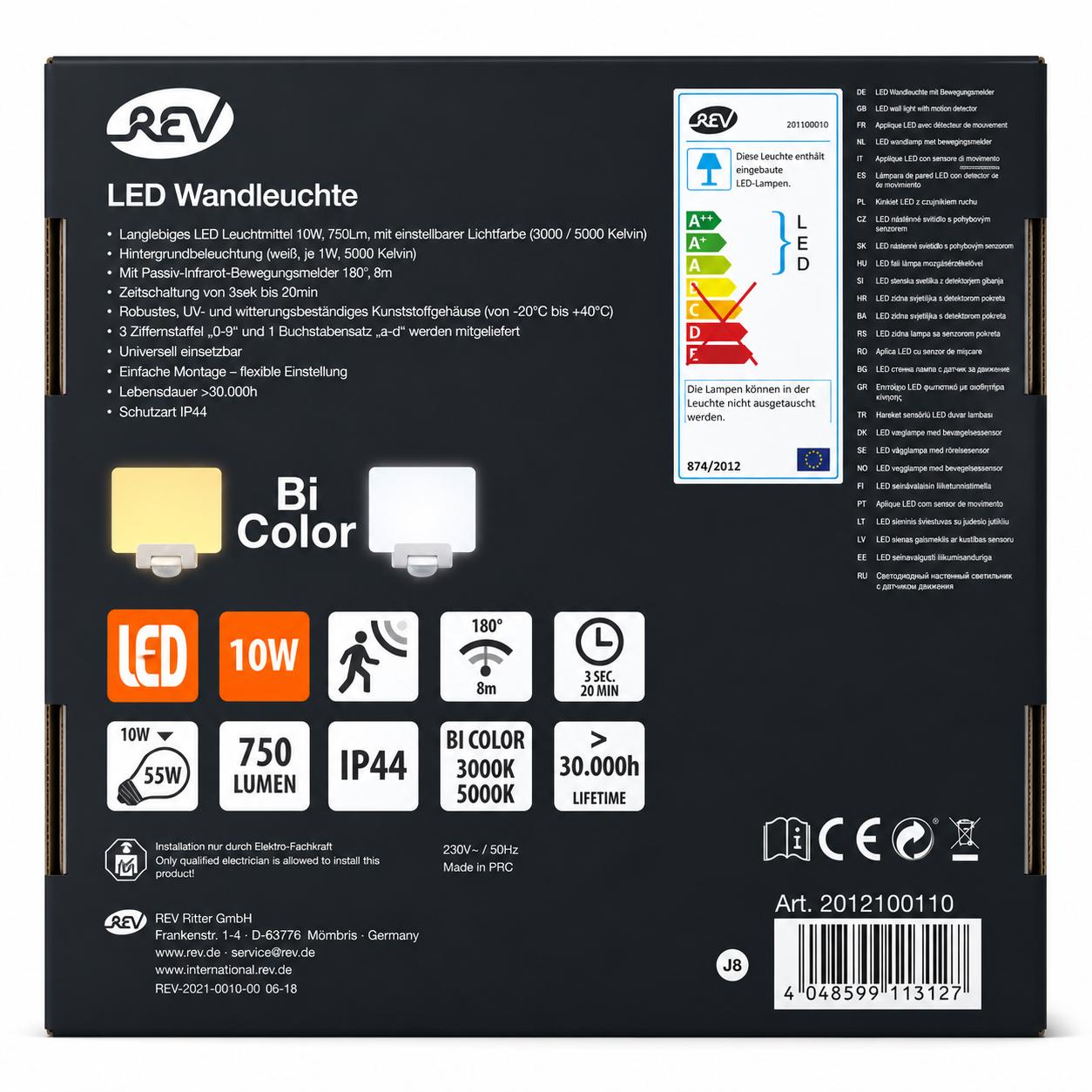 REV Ritter MCSensor LED Wandleuchte | Hausnummernleuchte | Aussenleuchte | Bi Color | LED Hintergrundbeleuchtung | Bewegungsmelder | 10W 750 Lumen [Energieklasse A++] | weiß