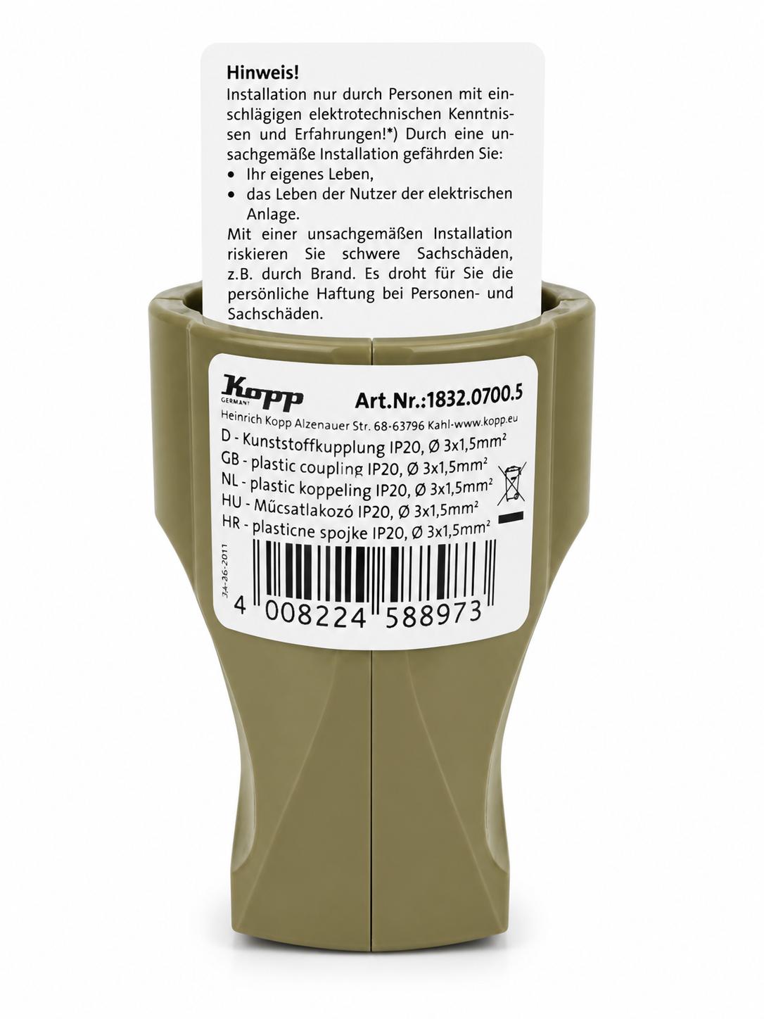 Kopp Schutzkontakt-Kupplung, Kunststoff, IP 20, bruchfest, für Kabelquerschnitt bis 3 x 1,5 mm², 250 V, gold, 183207005
