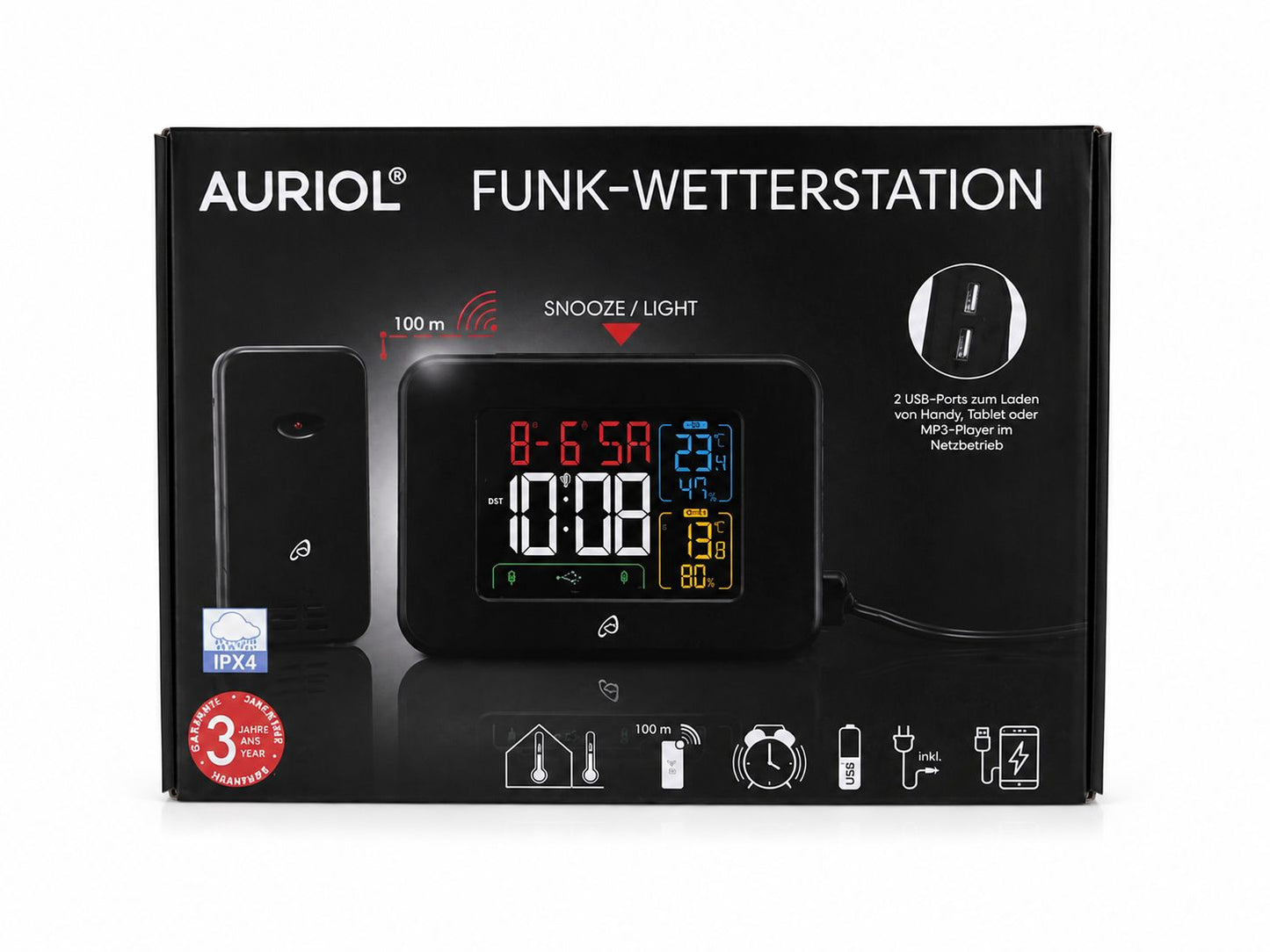 LED Auriol Funk Wetterstation Temperaturstation Wetter Uhr Wetteruhr Netzbetrieb