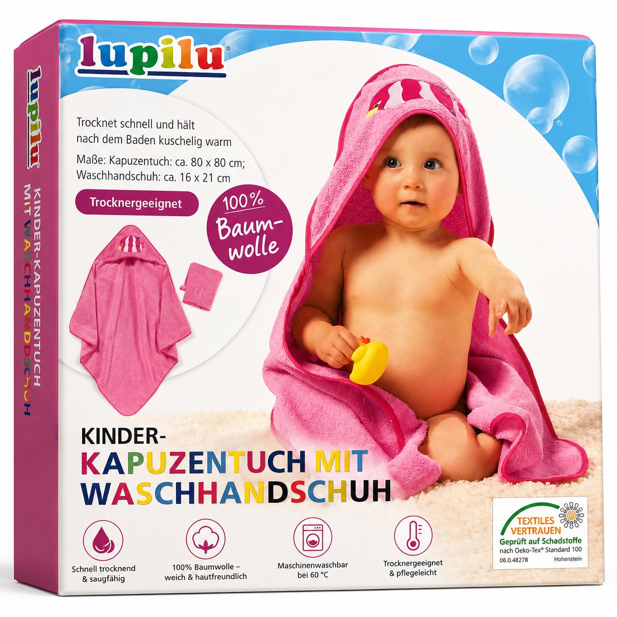 Kinder Kapuzentuch mit Waschhandschuh Rosa Badetuch Babybadetuch 80x80