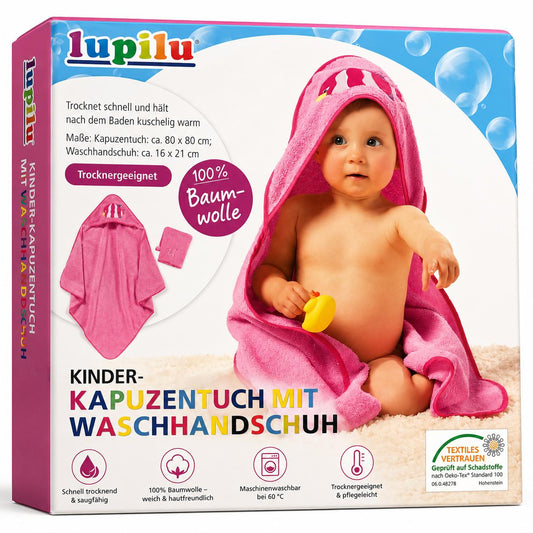 Kinder Kapuzentuch mit Waschhandschuh Rosa Badetuch Babybadetuch 80x80
