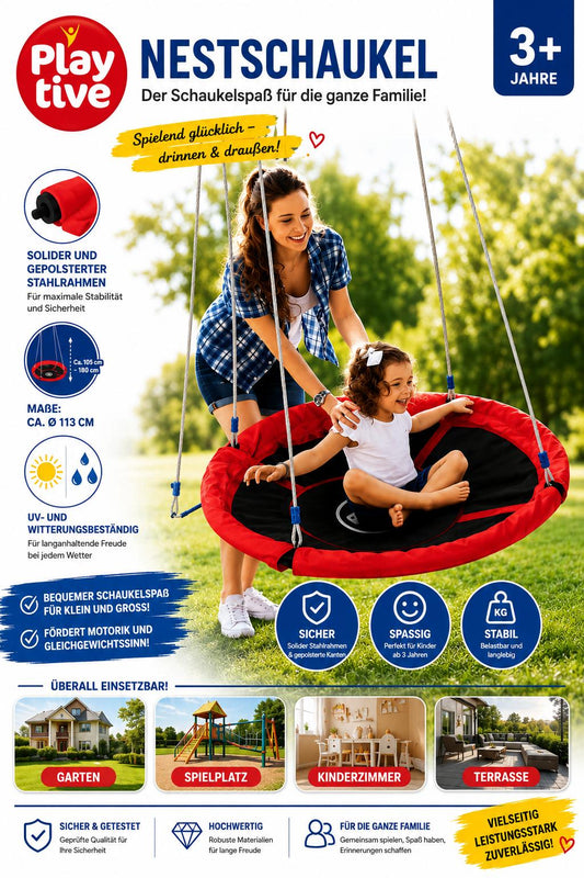 Nestschaukel Kinder bis 150 kg Belastbarkeit Ø110cm mit 4 Seilen PlayTive