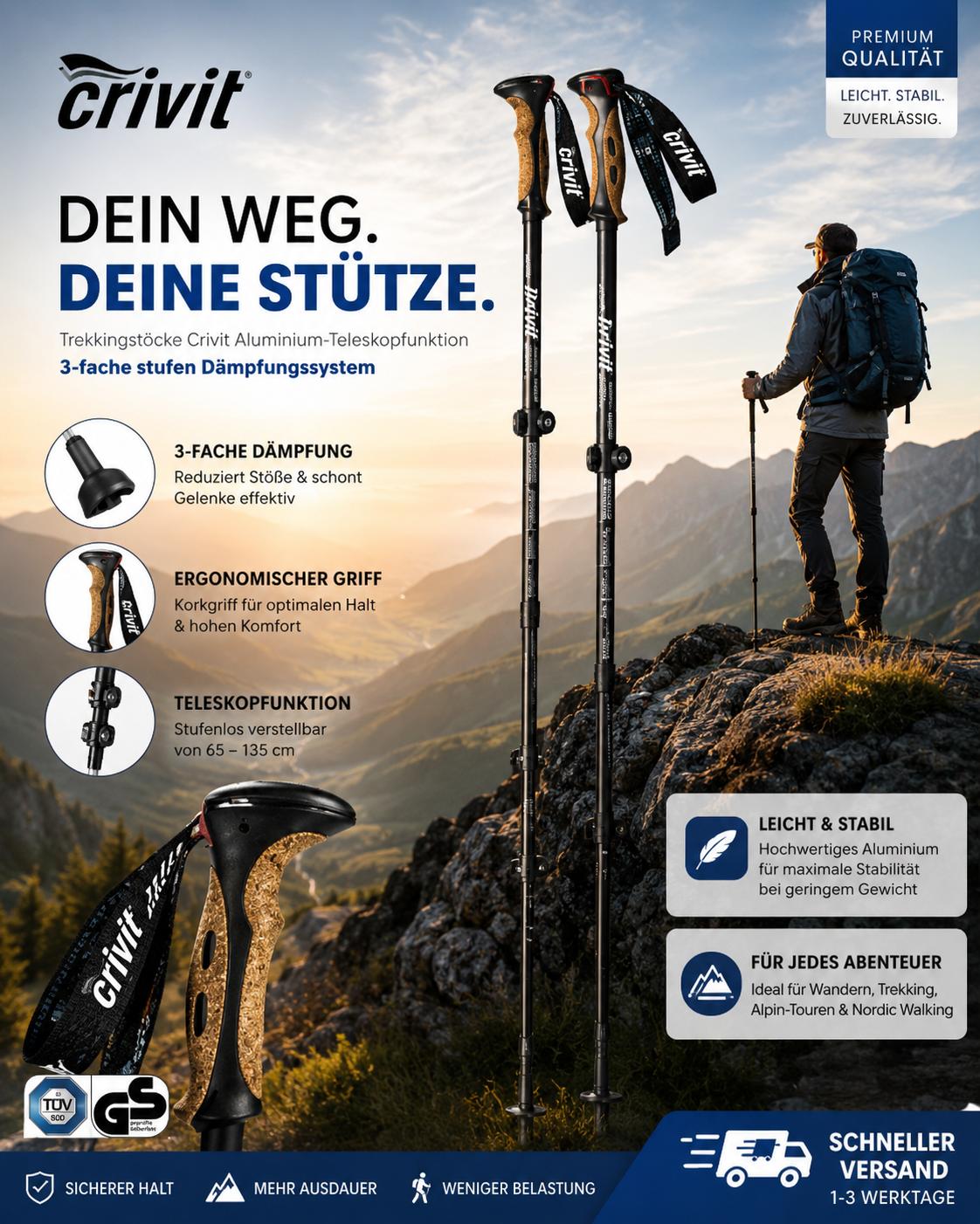 Trekkingstöcke Crivit Aluminium-Teleskopfunkti 3-fache stufen Dämpfungssystem