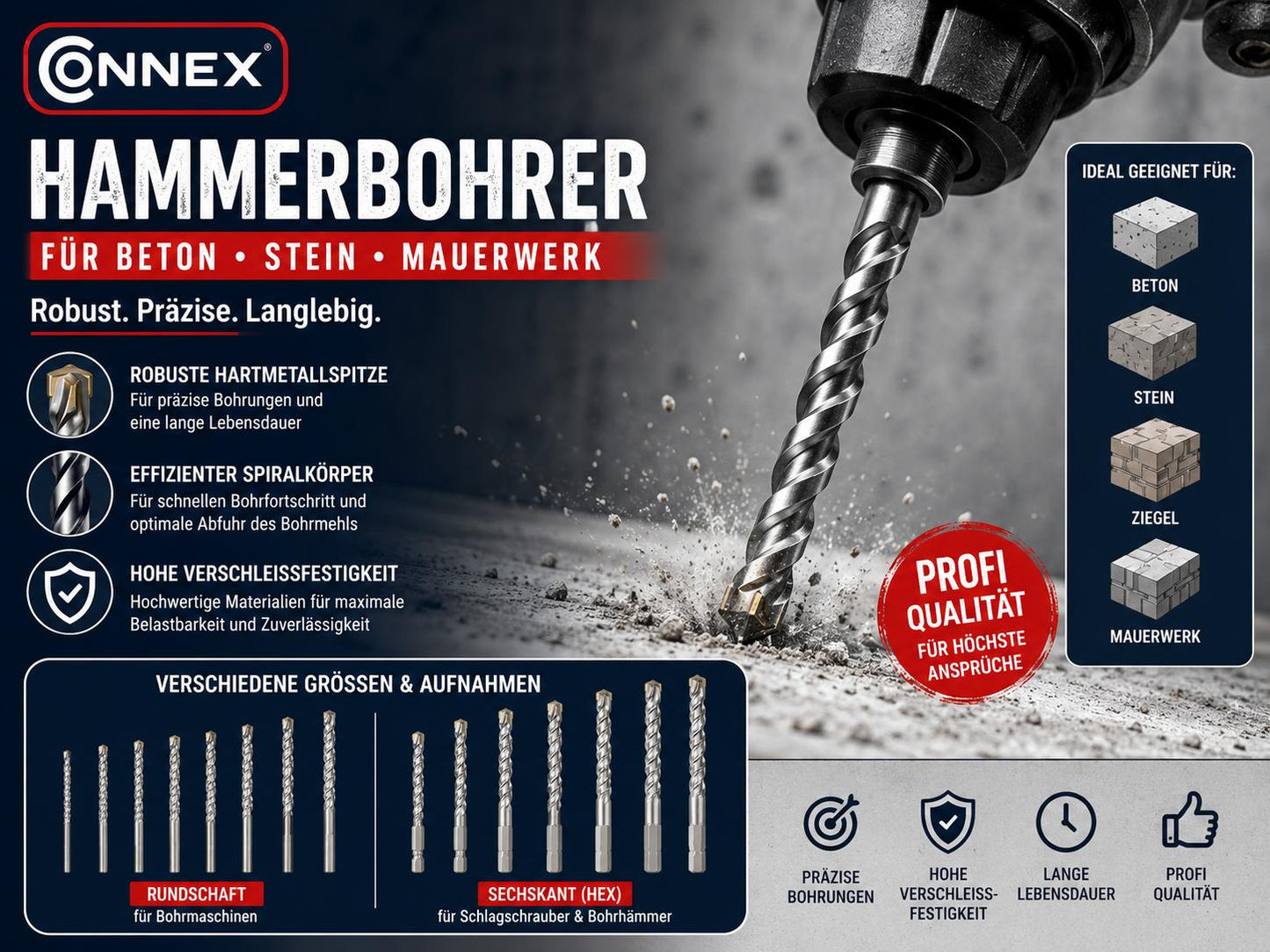 Connex Hammerbohrer Betonbohrer Steinbohrer Mauerwerk verschiedene Größen