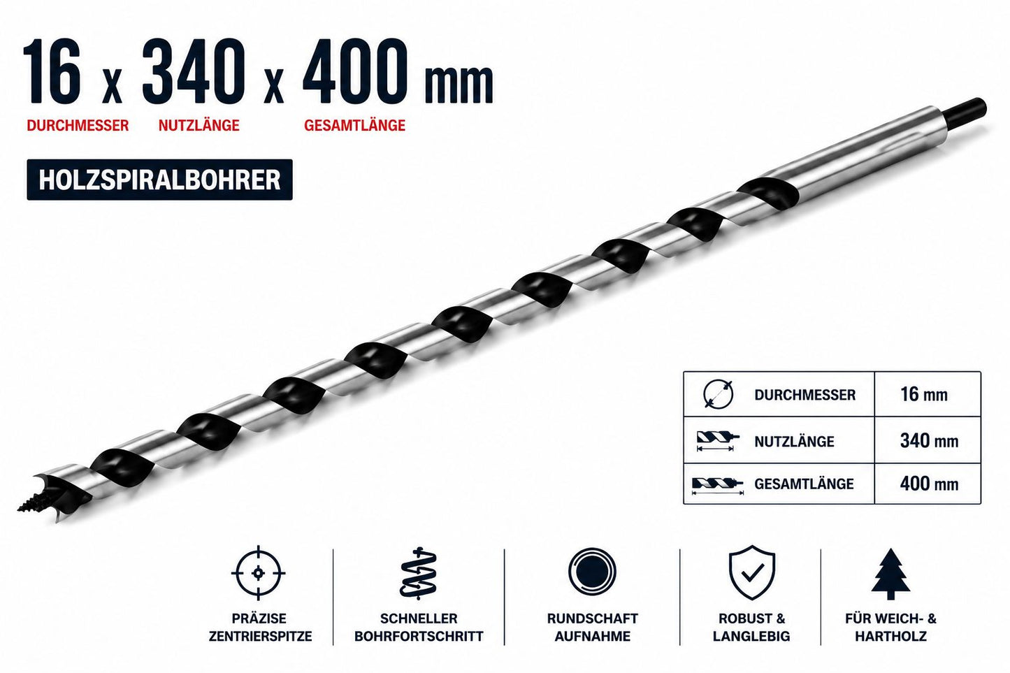 Connex Holzspiralbohrer Schlangenbohrer Lewisbohrer Holzbohrer HEX Rundschaft Aufnahme verschiedene Größen