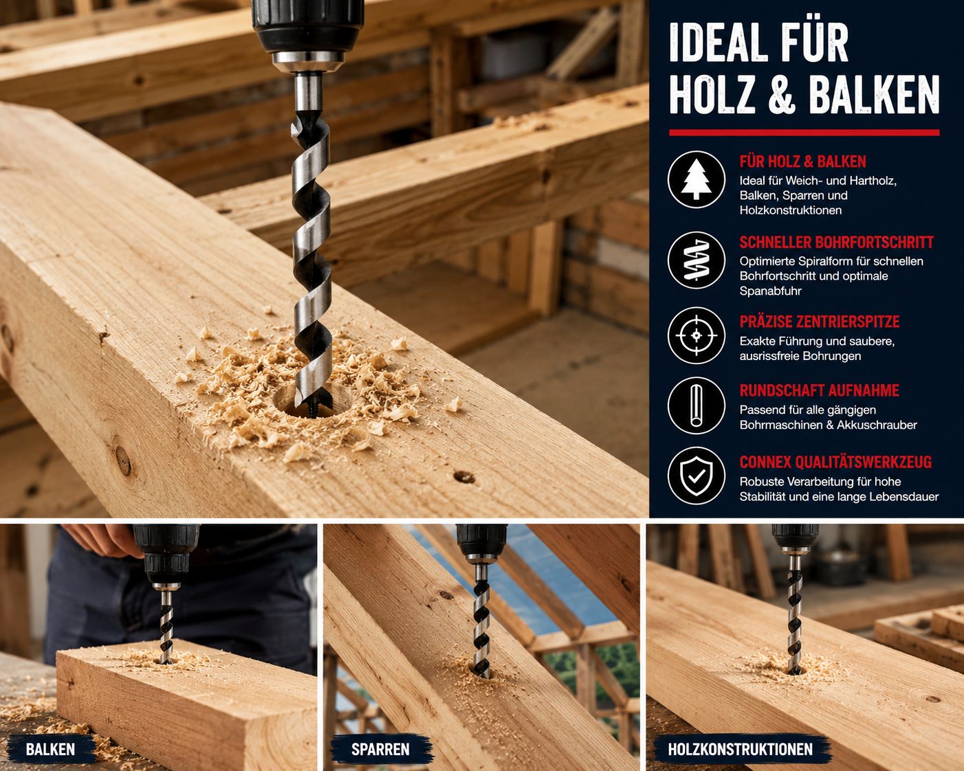 Connex Holzspiralbohrer Schlangenbohrer Lewisbohrer Holzbohrer HEX Rundschaft Aufnahme verschiedene Größen