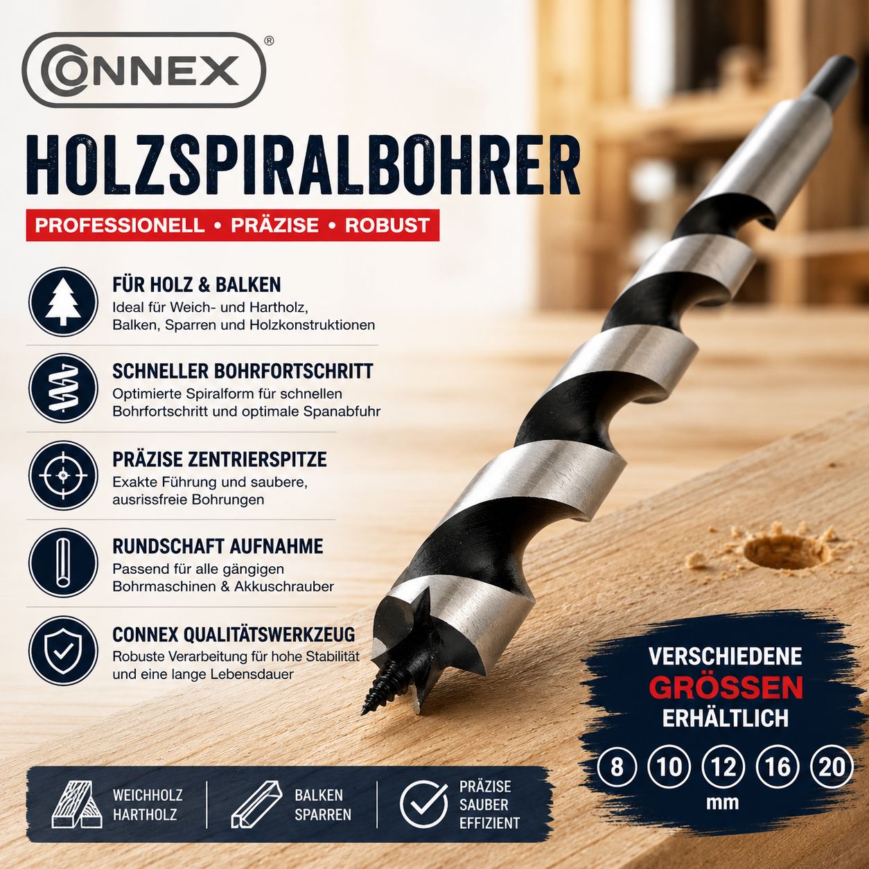 Connex Holzspiralbohrer Schlangenbohrer Lewisbohrer Holzbohrer HEX Rundschaft Aufnahme verschiedene Größen