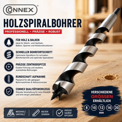 Connex Holzspiralbohrer Schlangenbohrer Lewisbohrer Holzbohrer HEX Rundschaft Aufnahme verschiedene Größen