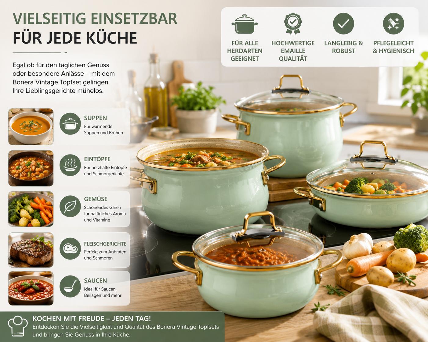 Bonera Academia Vintage Topfset 8 teilig  Emaille Kochtopfset Induktion Belly Shape Mintgrün