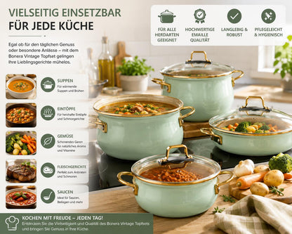 Bonera Academia Vintage Topfset 8 teilig  Emaille Kochtopfset Induktion Belly Shape Mintgrün