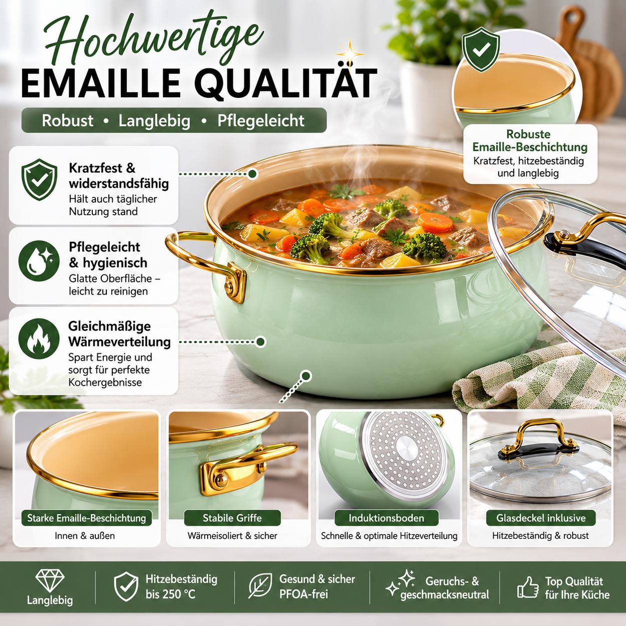 Bonera Academia Vintage Topfset 8 teilig  Emaille Kochtopfset Induktion Belly Shape Mintgrün