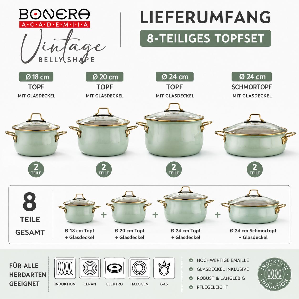 Bonera Academia Vintage Topfset 8 teilig  Emaille Kochtopfset Induktion Belly Shape Mintgrün