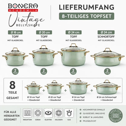 Bonera Academia Vintage Topfset 8 teilig  Emaille Kochtopfset Induktion Belly Shape Mintgrün