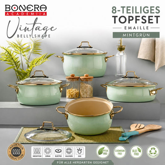 Bonera Academia Vintage Topfset 8 teilig  Emaille Kochtopfset Induktion Belly Shape Mintgrün