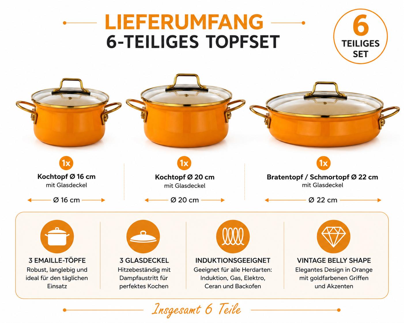 Bonera Academia Vintage Emaille Topfset 6-teilig Orange Belly Shape | Induktion | Glasdeckel | Kochgeschirr Set