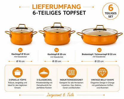 Bonera Academia Vintage Emaille Topfset 6-teilig Orange Belly Shape | Induktion | Glasdeckel | Kochgeschirr Set