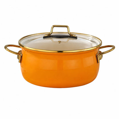 Bonera Academia Vintage Emaille Topfset 6-teilig Orange Belly Shape | Induktion | Glasdeckel | Kochgeschirr Set