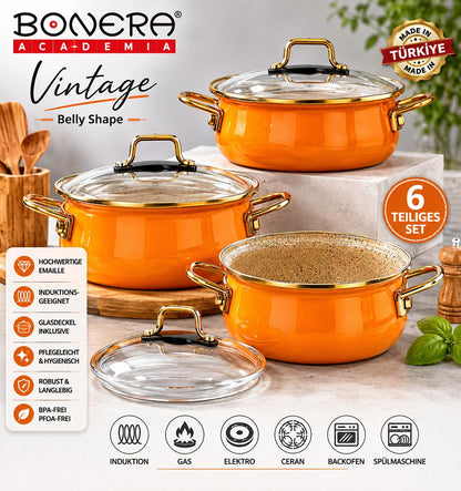 Bonera Academia Vintage Emaille Topfset 6-teilig Orange Belly Shape | Induktion | Glasdeckel | Kochgeschirr Set