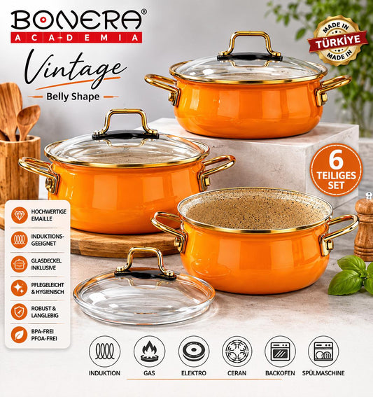 Bonera Academia Vintage Emaille Topfset 6-teilig Orange Belly Shape | Induktion | Glasdeckel | Kochgeschirr Set