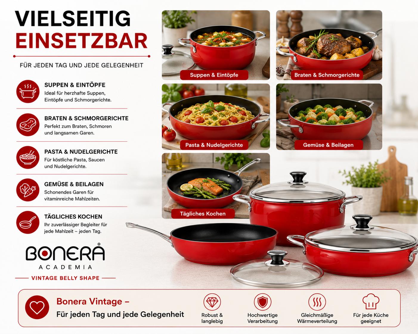 Bonera Vintage Belly Shape Kochgeschirr Set 5-teilig Rot | Emaille Töpfe & Pfanne | Glasdeckel