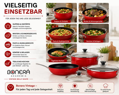 Bonera Vintage Belly Shape Kochgeschirr Set 5-teilig Rot | Emaille Töpfe & Pfanne | Glasdeckel