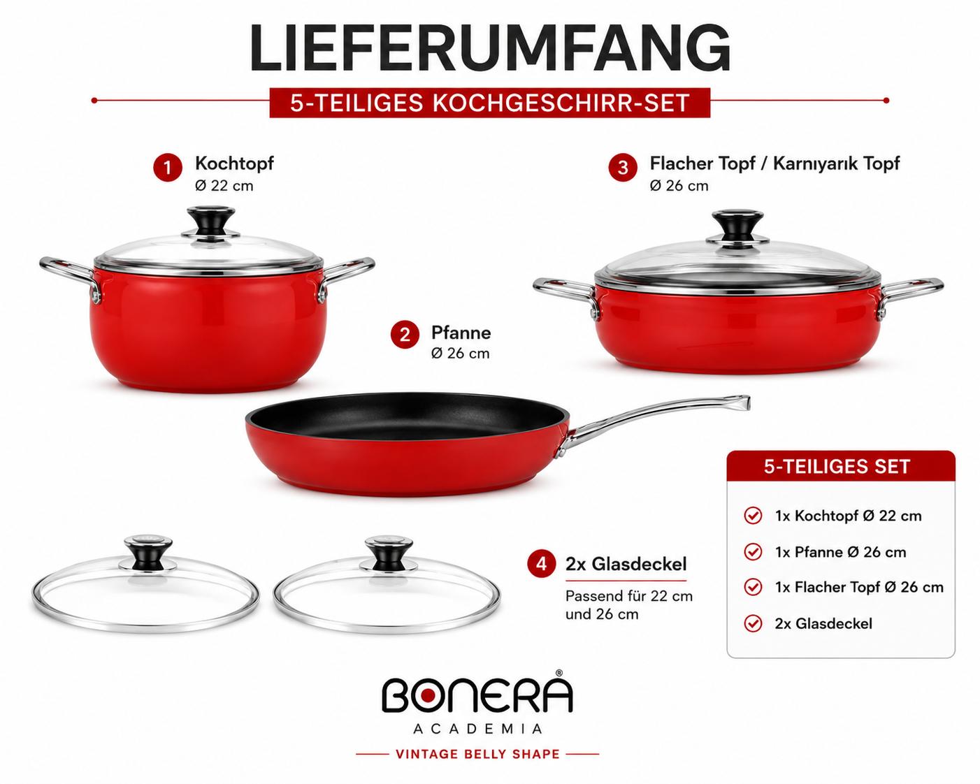 Bonera Vintage Belly Shape Kochgeschirr Set 5-teilig Rot | Emaille Töpfe & Pfanne | Glasdeckel