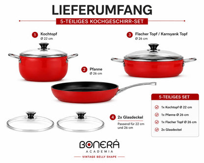 Bonera Vintage Belly Shape Kochgeschirr Set 5-teilig Rot | Emaille Töpfe & Pfanne | Glasdeckel