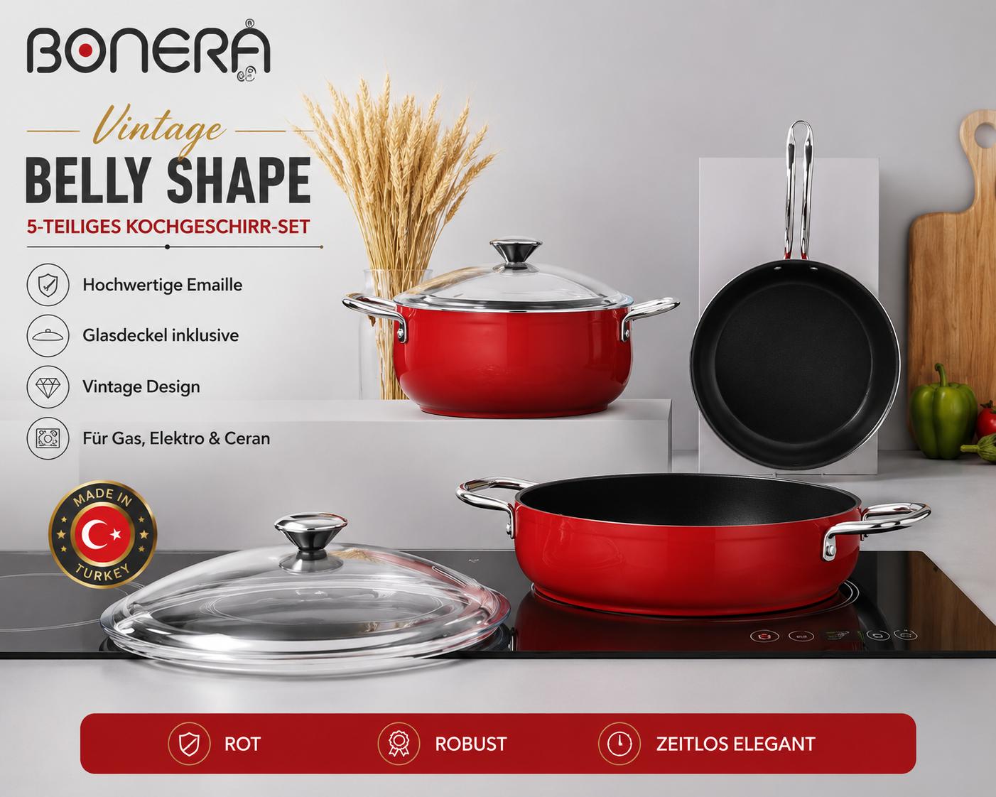 Bonera Vintage Belly Shape Kochgeschirr Set 5-teilig Rot | Emaille Töpfe & Pfanne | Glasdeckel