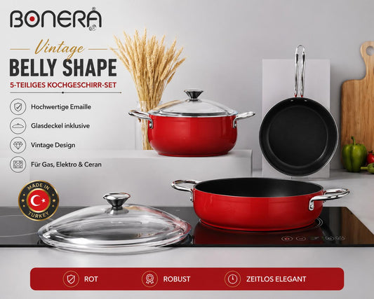 Bonera Vintage Belly Shape Kochgeschirr Set 5-teilig Rot | Emaille Töpfe & Pfanne | Glasdeckel