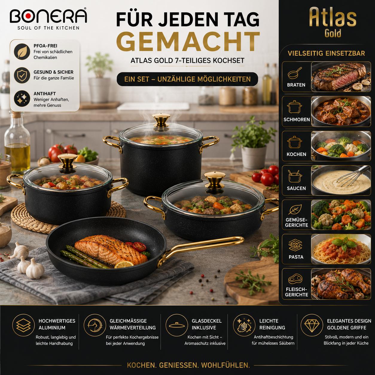 Atlas Gold 7-teiliges Kochset Titanyum & Aluminium Glasdeckel  Goldfarbene Griffe  PFOA-frei