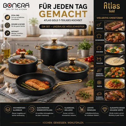 Atlas Gold 7-teiliges Kochset Titanyum & Aluminium Glasdeckel  Goldfarbene Griffe  PFOA-frei