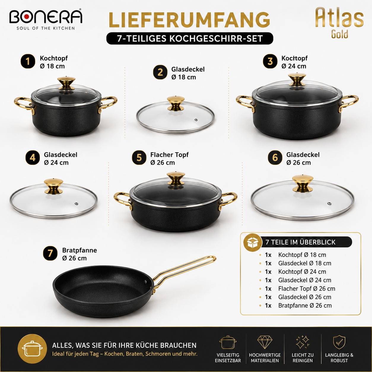 Atlas Gold 7-teiliges Kochset Titanyum & Aluminium Glasdeckel  Goldfarbene Griffe  PFOA-frei