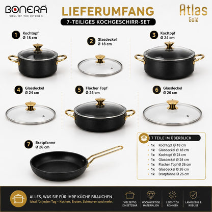 Atlas Gold 7-teiliges Kochset Titanyum & Aluminium Glasdeckel  Goldfarbene Griffe  PFOA-frei