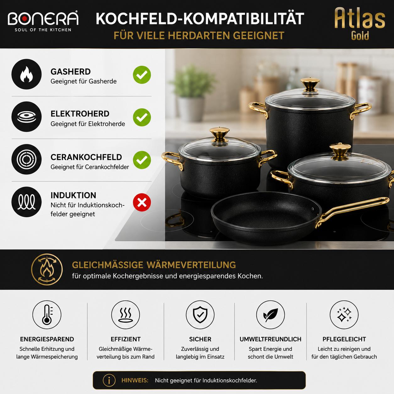 Atlas Gold 7-teiliges Kochset Titanyum & Aluminium Glasdeckel  Goldfarbene Griffe  PFOA-frei