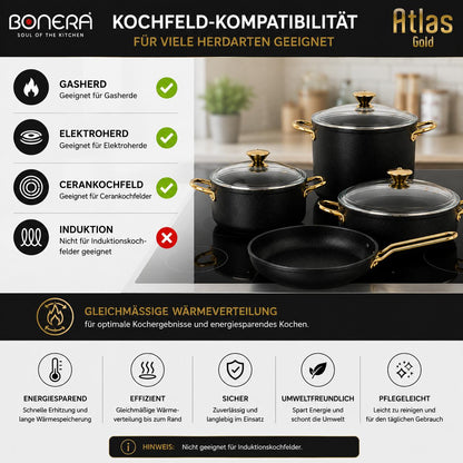 Atlas Gold 7-teiliges Kochset Titanyum & Aluminium Glasdeckel  Goldfarbene Griffe  PFOA-frei