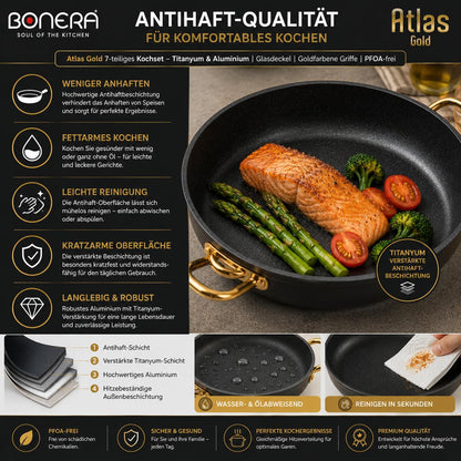Atlas Gold 7-teiliges Kochset Titanyum & Aluminium Glasdeckel  Goldfarbene Griffe  PFOA-frei