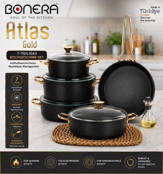 Atlas Gold 7-teiliges Kochset Titanyum & Aluminium Glasdeckel  Goldfarbene Griffe  PFOA-frei