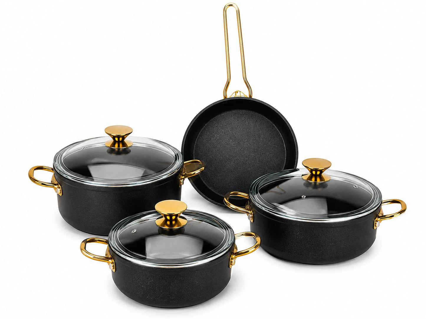 Atlas Gold 7-teiliges Kochset Titanyum & Aluminium Glasdeckel  Goldfarbene Griffe  PFOA-frei