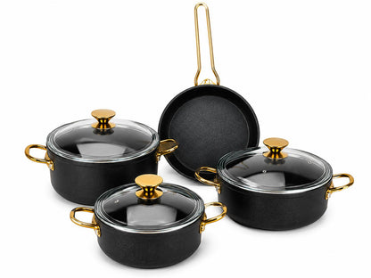 Atlas Gold 7-teiliges Kochset Titanyum & Aluminium Glasdeckel  Goldfarbene Griffe  PFOA-frei
