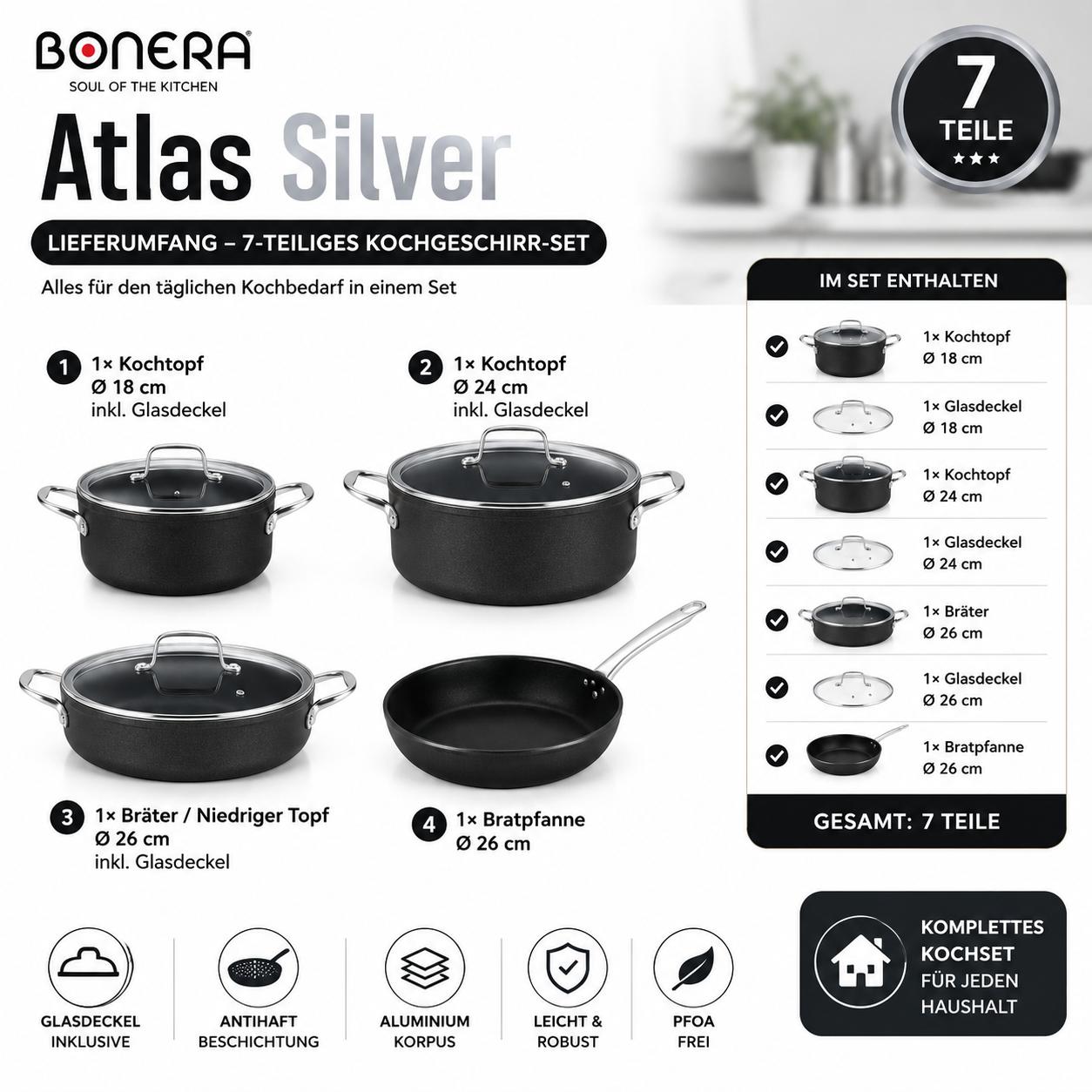 Atlas Silver 7-teiliges Kochset Titanyum & Aluminium Glasdeckel Goldfarbene Griffe PFOA-frei