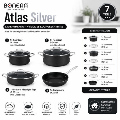 Atlas Silver 7-teiliges Kochset Titanyum & Aluminium Glasdeckel Goldfarbene Griffe PFOA-frei