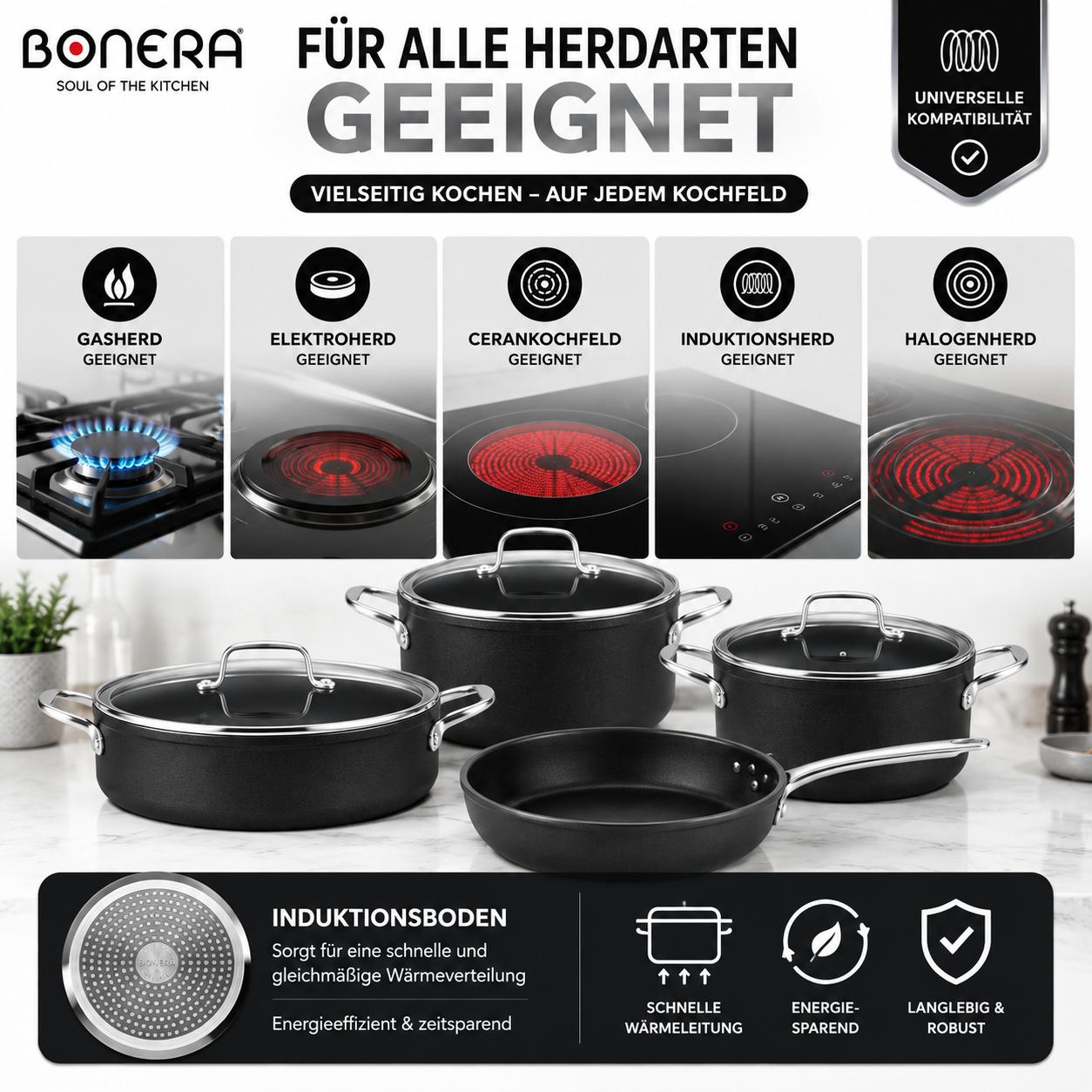 Atlas Silver 7-teiliges Kochset Titanyum & Aluminium Glasdeckel Goldfarbene Griffe PFOA-frei