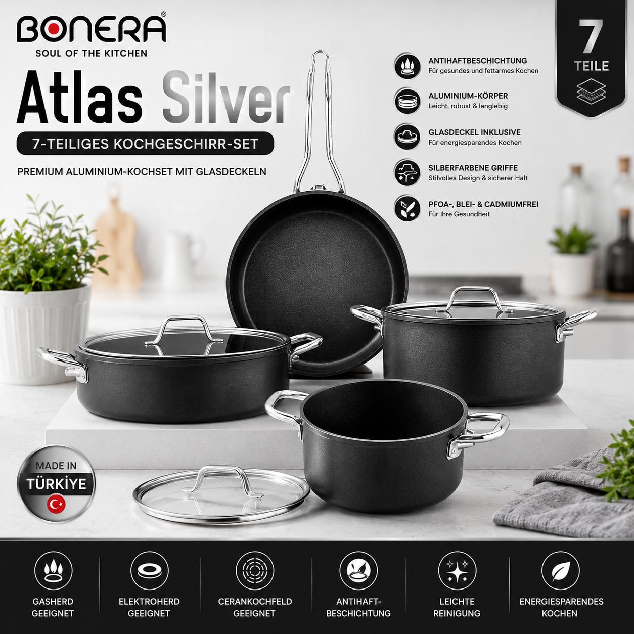 Atlas Silver 7-teiliges Kochset Titanyum & Aluminium Glasdeckel Goldfarbene Griffe PFOA-frei