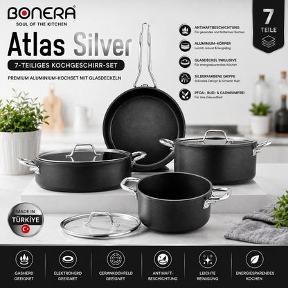 Atlas Silver 7-teiliges Kochset Titanyum & Aluminium Glasdeckel Goldfarbene Griffe PFOA-frei