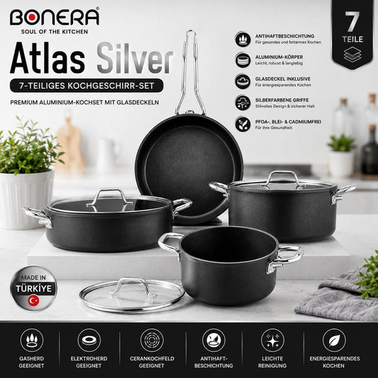Atlas Silver 7-teiliges Kochset Titanyum & Aluminium Glasdeckel Goldfarbene Griffe PFOA-frei