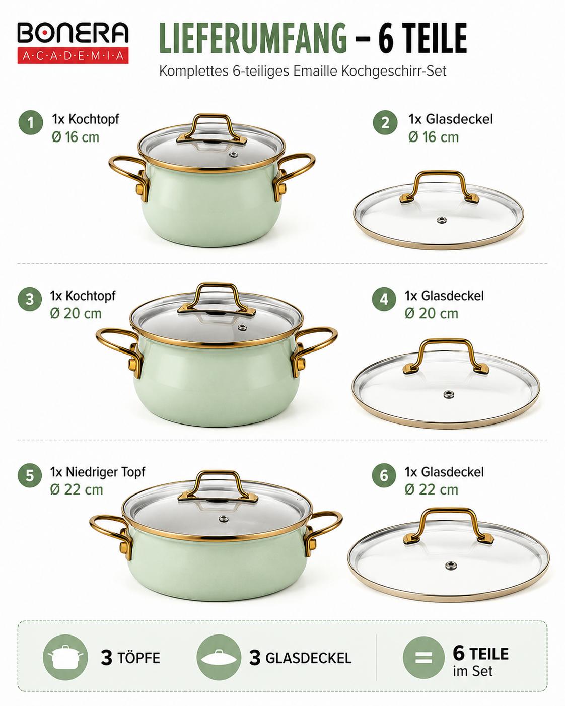 Bonera Academia Vintage Belly Shape Emaille Kochtopf-Set 6-teilig Grün Induktionsgeeignet