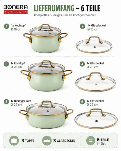 Bonera Academia Vintage Belly Shape Emaille Kochtopf-Set 6-teilig Grün Induktionsgeeignet