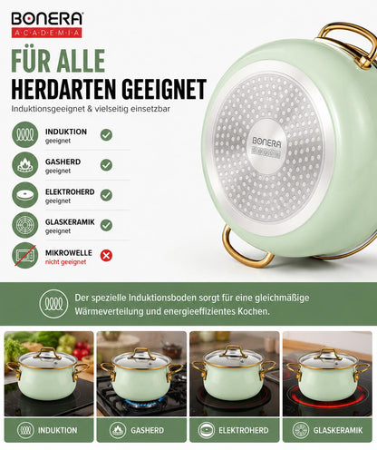 Bonera Academia Vintage Belly Shape Emaille Kochtopf-Set 6-teilig Grün Induktionsgeeignet