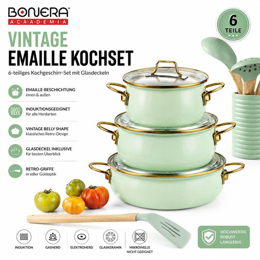 Bonera Academia Vintage Belly Shape Emaille Kochtopf-Set 6-teilig Grün Induktionsgeeignet